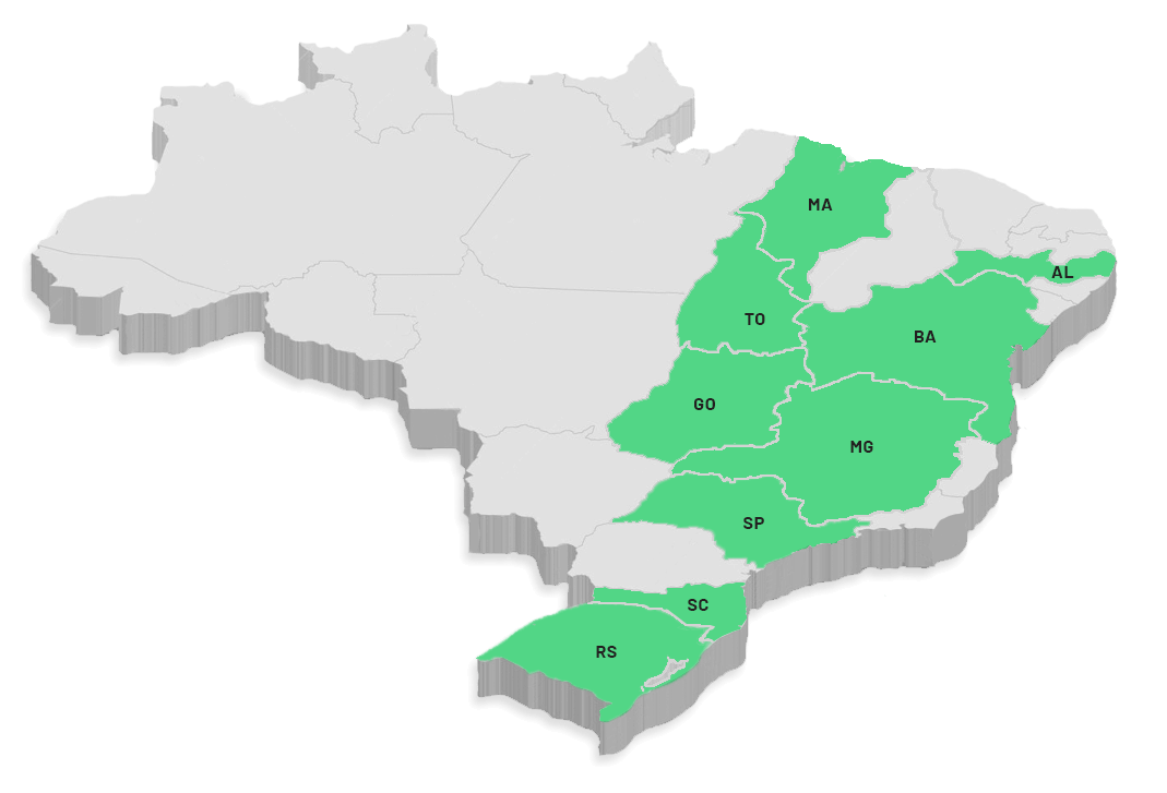 Mapa do Brasil pintado com os Estados de Atuação da GoBroker